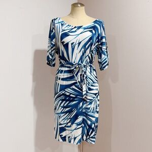 Chicos Travelers Blue & White Tropical Palm-print Dress Size 1 (8 - Medium)